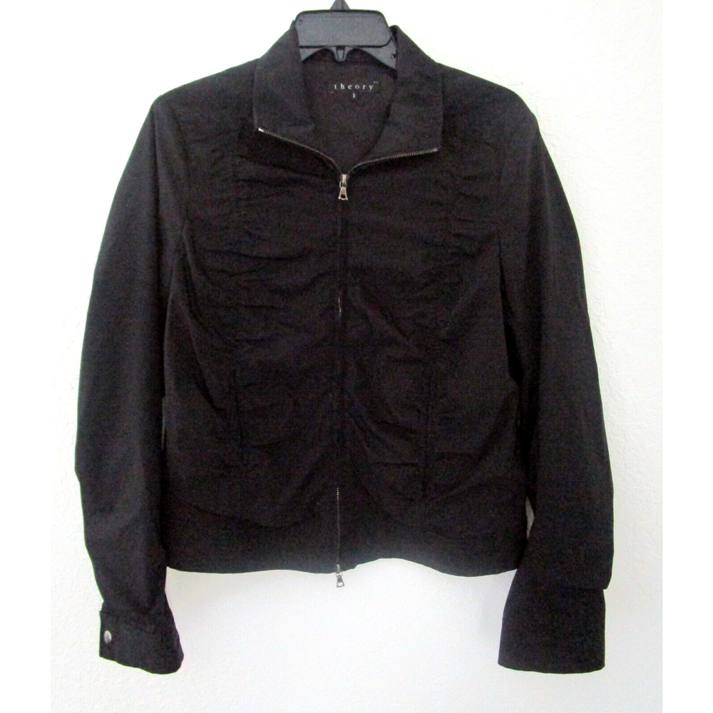 THEORY Bomber Cropped Lightweight Wool Blend Jacket Zip Ruching Black Sz L